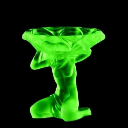Green uranium glass Art Deco kneeling nude lady small bowl with UV glow, designed by H. Hoffmann