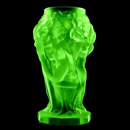 uranium glass art deco nude nymphs with grapes vase green UV glow