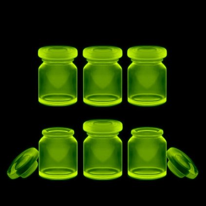 Bohemian uranium glass Art Deco apothecary jars with lids — set of 6 UV glow