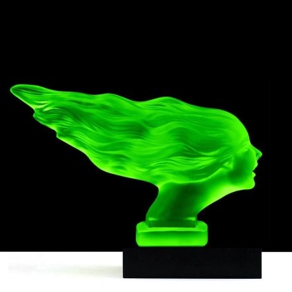 Art Deco Speed Girl hood ornament made of green uranium glass on black glass base by H. Hoffmann with strong UV glow