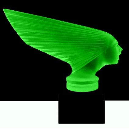 Art Deco Victoire hood ornament made of green uranium glass on black glass base by H. Hoffmann with strong UV glow