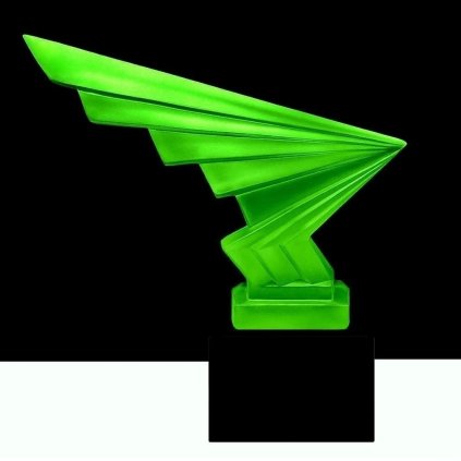 Art Deco lightning hood ornament in green uranium glass by H. Hoffmann on black glass base with strong UV glow