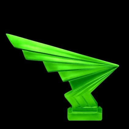 Art Deco Lightning hood ornament made of green uranium glass by H. Hoffmann with strong UV glow
