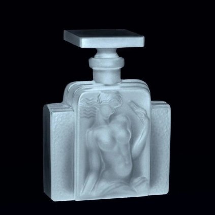 Art Deco frosted clear glass perfume bottle nude muse combing her hair, Lalique-style design, 1930s H. Hoffmann, artdeco1930.com