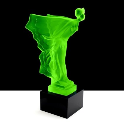 uranium glass hood ornament flying lady Art Deco car mascot by H. Hoffmann with black glass base