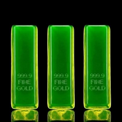 Set of three uranium glass 999.9 Fine Gold bar paperweights with strong UV glow, Bohemian vaseline glass, artdeco1930.com