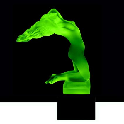 Art Deco nude female hood ornament made of green uranium glass on black glass base by H. Hoffmann with strong UV glow