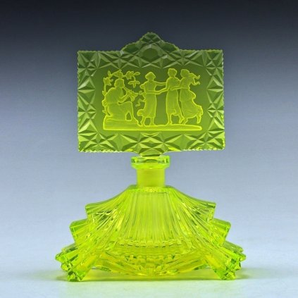 Uranium vaseline Art Deco perfume bottle with Dancing Graces stopper, Lalique-style design, artdeco1930.com