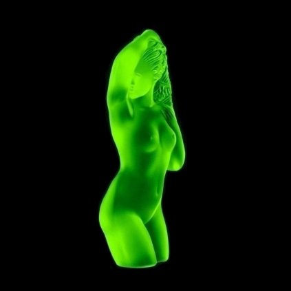 Art Deco nude lady figurine in uranium glass with strong UV glow, designed by H. Hoffmann, Bohemian Art Deco