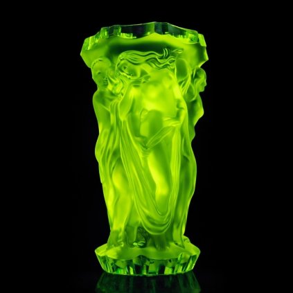 uranium glass art deco bacchantes tall vase, h hoffmann molds, uv reactive