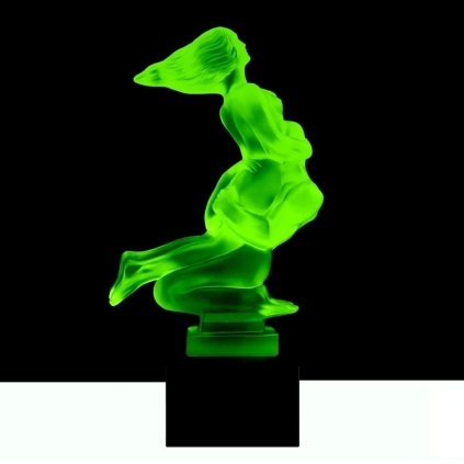 uranium glass hood ornament lovers Art Deco car mascot by H. Hoffmann with black glass base