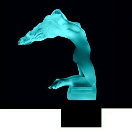 Uranium glass Art Deco nude female hood ornament in blue glass on black glass base by H. Hoffmann