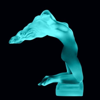 Uranium glass Art Deco nude female hood ornament in blue glass by H. Hoffmann