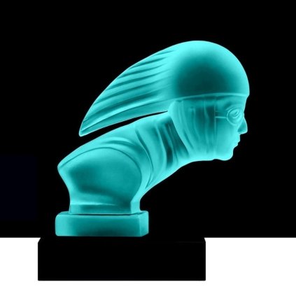 Uranium glass Art Deco Racer hood ornament in blue glass on black glass base by H. Hoffmann