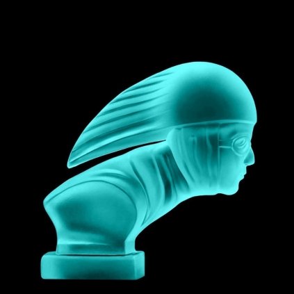 Uranium glass Art Deco Racer hood ornament in blue glass by H. Hoffmann