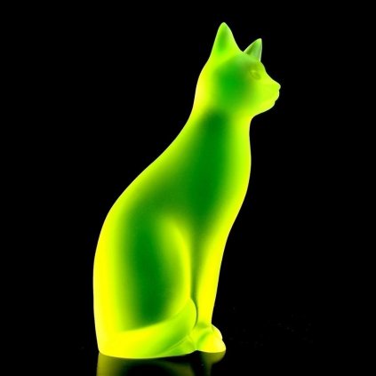 Art Deco uranium glass sitting cat figurine by H. Hoffmann with strong UV glow