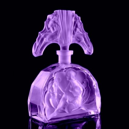 1930s H Hoffmann Art Deco alexandrite glass perfume bottle seated lady Lalique-style design Bohemian neodymium glass