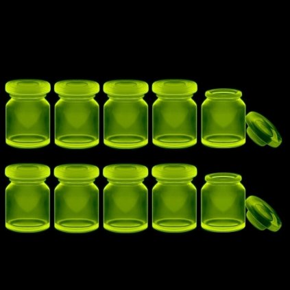 1930s Art Deco uranium glass bottles with lids collectible Bohemian Vaseline glass apothecary trinket jars set of 10 glowing under UV light