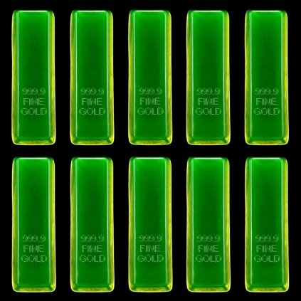 Set of ten uranium glass 999.9 Fine Gold bar paperweights with strong UV glow, Bohemian vaseline glass, artdeco1930.com
