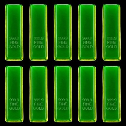 Yellow uranium glass gold bar paperweights set of 10 with 999.9 fine gold marking and strong UV glow