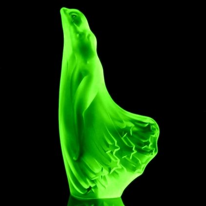 Art Deco nude lady in stars figurine made of green uranium glass by H. Hoffmann with strong UV glow