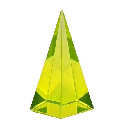 yellow uranium glass pyramid paperweight, polished glass, uv glow
