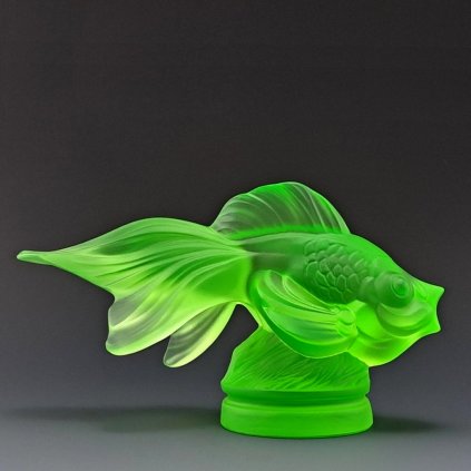 Art Deco fish figurine made of green uranium glass by H. Hoffmann with strong UV glow