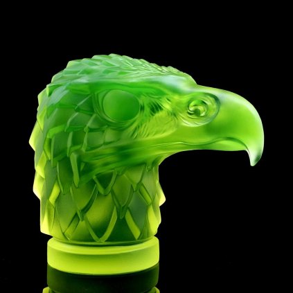 uranium glass hood ornament eagle head Art Deco car mascot by H. Hoffmann