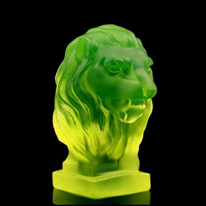 Art Deco Lion Head hood ornament in yellow uranium glass