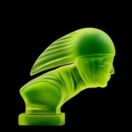 Art Deco Racer hood ornament in yellow uranium glass