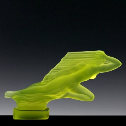 uranium glass hood ornament girl in the wind Art Deco car mascot by H. Hoffmann