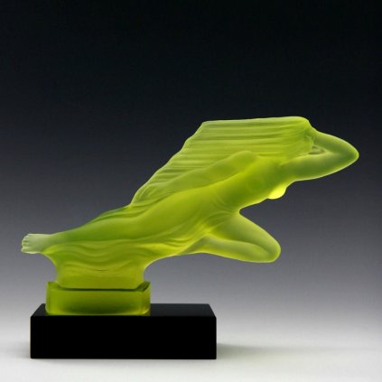 Art Deco Girl in the Wind hood ornament made of uranium glass on black glass base
