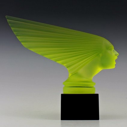 Art Deco Hood Ornament Yellow Uranium Glass Figurine Car Mascot ' Victoire ' H.Hoffmann