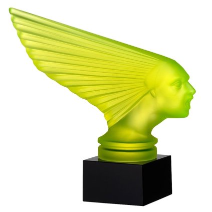 Art Deco Victoire hood ornament in yellow uranium glass with black glass base