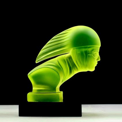 Art Deco Racer Head hood ornament in yellow uranium glass with black glass base