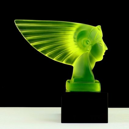Art Deco Pharaoh Head hood ornament in yellow uranium glass with black glass base