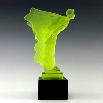 Art Deco Flying Lady hood ornament in uranium glass on black glass base