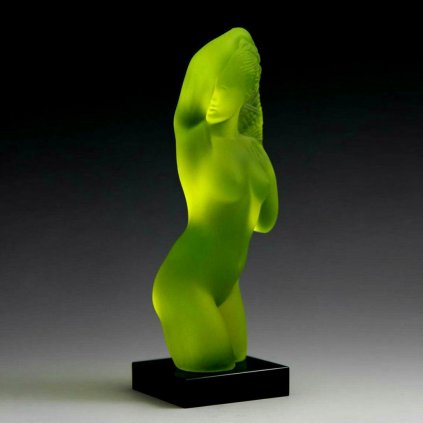 Art Deco nude lady figurine made of uranium glass on black glass base, designed by H. Hoffmann