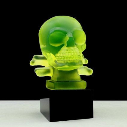 uranium glass hood ornament skull with black glass base Art Deco car mascot by H. Hoffmann