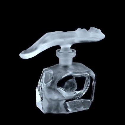 Art Deco clear frosted glass perfume bottle with reclining nude lady stopper, 1930s H. Hoffmann design
