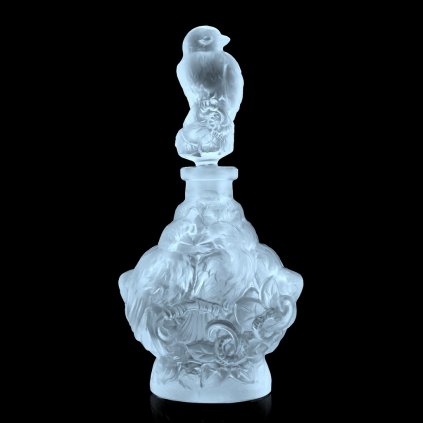 1930s satin clear Art Deco perfume bottle with bird stopper, Lalique-style Bohemian glass