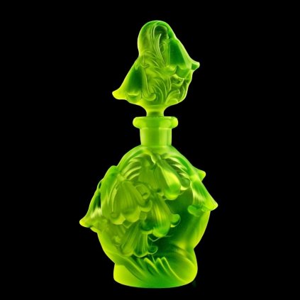 yellow uranium glass Art Deco bellflower relief perfume bottle by H. Hoffmann