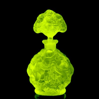 yellow uranium glass Art Deco cherub relief perfume bottle by H. Hoffmann