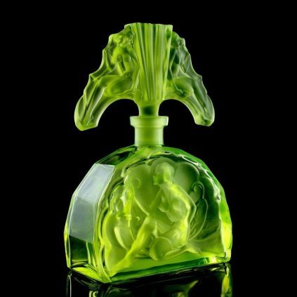 1930s H Hoffmann Art Deco yellow uranium glass perfume bottle seated lady vaseline glass Lalique-style design glows under UV light