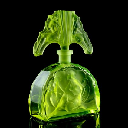 Uranium vaseline glass Art Deco perfume bottle by H. Hoffmann with twin nude ladies stopper and figural relief, UV-glowing uranium glass – artdeco1930.com