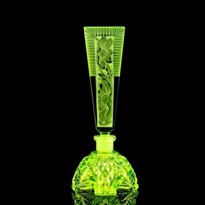 yellow uranium glass Art Deco floral panel stopper perfume bottle Bohemian glass