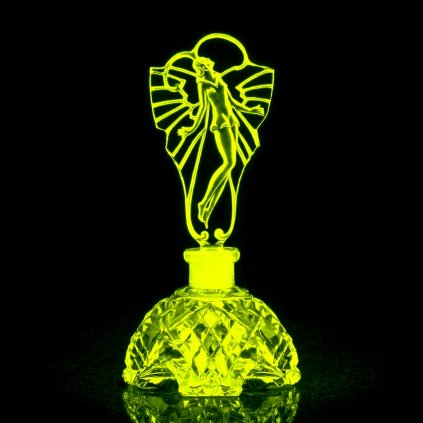 yellow uranium glass Art Deco dancing lady stopper perfume bottle Bohemian