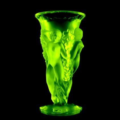 uranium glass art deco grape harvest nymphs relief vase side view