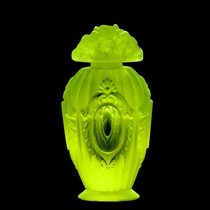 Uranium vaseline glass Art Deco perfume bottle by H. Hoffmann with flower basket stopper and oval medallion relief, UV-glowing uranium glass – artdeco1930.com