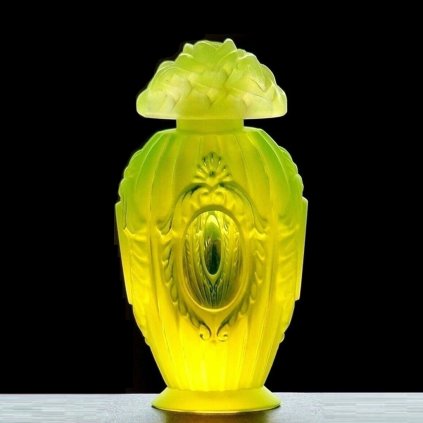 yellow uranium glass Art Deco medallion relief perfume bottle by H Hoffmann